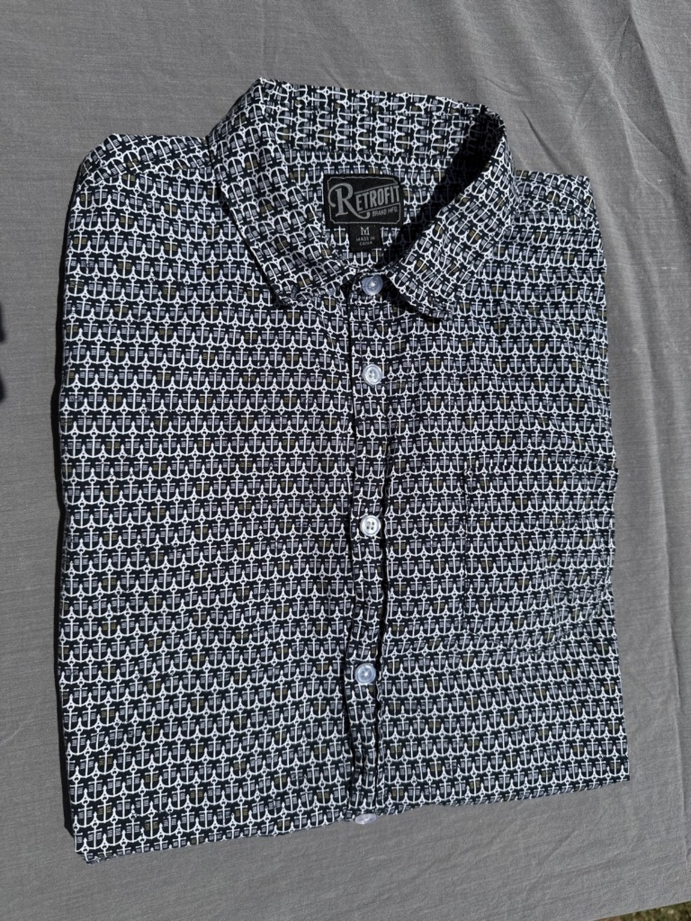 Retrofit Black & White Anchor-Print Casual Button-Down Shirt